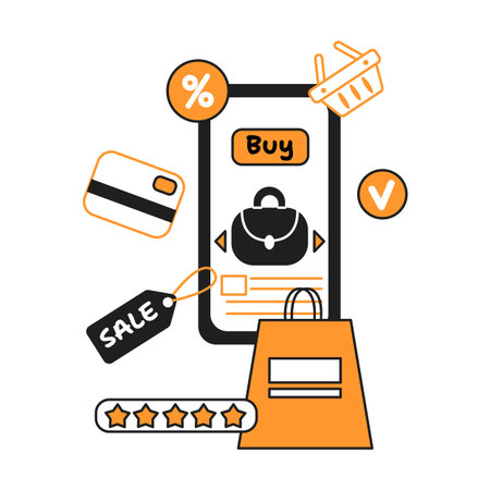Digital illustration of online shopping concept. Black and orange colors depict various elements, including a smartphone, shopping cart, and credit card.のイラスト素材