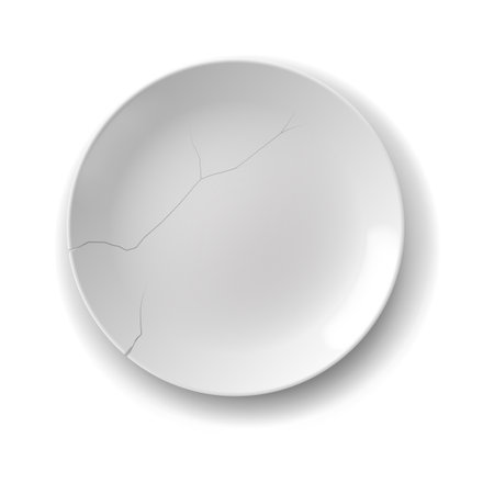 Realistic illustration of a cracked white plate on a clean white background. The simple design highlights fragility and imperfection in everyday objects.のイラスト素材