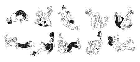 Black and white cartoon style illustrations. Diverse figures are tumbling in various poses. Dynamic motion depicted. No background to emphasize the action.のイラスト素材