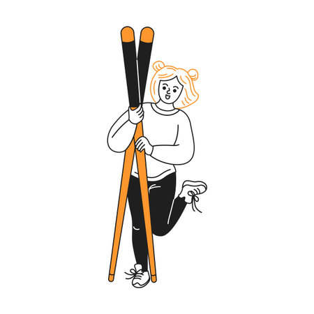 Whimsical cartoon character with playful expression holding skis. Dressed casually, stands on one leg. Simple line art with orange accents, evoking fun.のイラスト素材