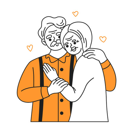 This line art illustration features an elderly couple embracing each other warmly. Hearts hover around them, depicting affection and companionship.のイラスト素材