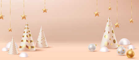 Stylized Christmas trees in cream and gold tones on soft background. Decorated with hanging stars and festive ornaments. Ideal for seasonal greetings and designs.のイラスト素材