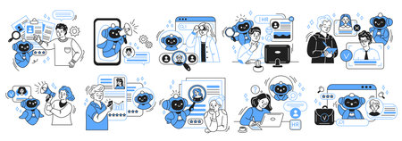 Vector illustrations of AI robots assisting people in recruitment processes. The scenes depict job matching and HR tasks in a modern digital environment.のイラスト素材