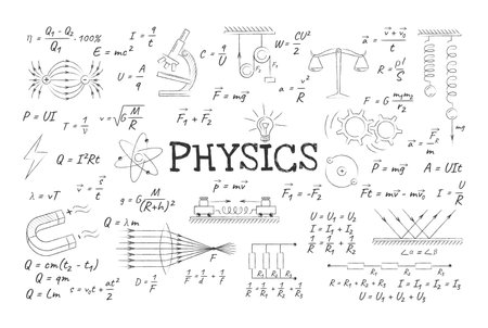 Collection of handdrawn physics formulas and science symbols on white background. Illustrations include equations, diagrams, and scientific instruments.のイラスト素材