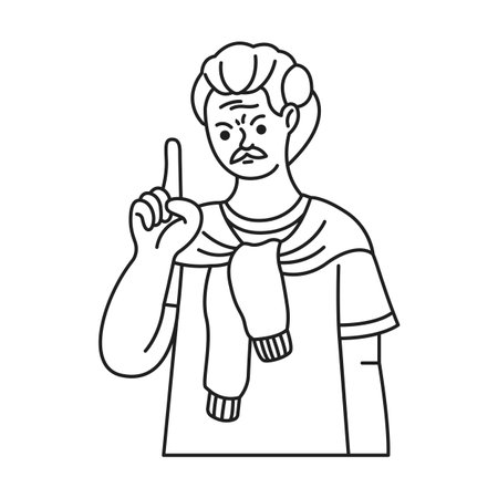 Outline drawing of a person raising one finger, portraying a serious expression with a sweater draped over shoulders, conveying a message or idea.のイラスト素材