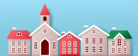Illustration of colorful houses in a row with simple design. Bright red, gray, and green tones. Represents cheerful community living. Blue sky background.のイラスト素材