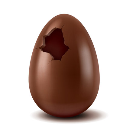 Realistic illustration of a chocolate egg with a visible crack on a plain white background. The design captures the texture and look of chocolate perfectly.のイラスト素材