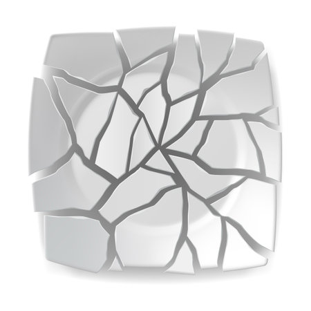 Digital illustration of a cracked ceramic plate in white. The shattered design creates an abstract pattern. Ideal for concepts of fragility and destruction.のイラスト素材