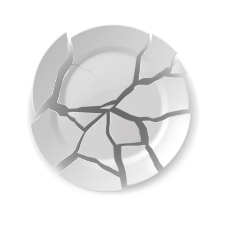 Graphic of white plate with cracks in realistic style. Gray neutral colors emphasize fragility and damage. Ideal for themes of breakage and imperfection.のイラスト素材