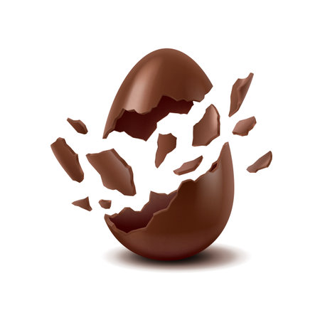 Dynamic illustration of a chocolate egg bursting into pieces, highlighting smooth texture and rich brown color. Pieces scattered artistically in midair.のイラスト素材