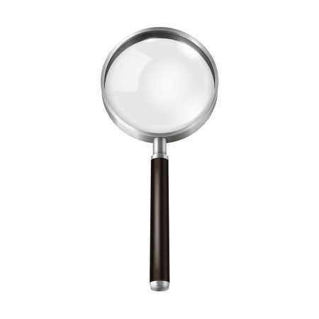 Detailed illustration of a magnifying glass with a silver frame and black handle symbolizing close inspection, investigation, and exploration concepts.のイラスト素材