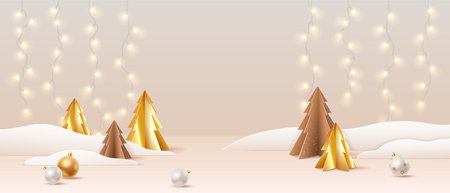 Golden and brown papercut style trees sit on snow with glowing fairy lights above. Festive ornaments scattered around. Warm and minimalistic holiday atmosphere.のイラスト素材
