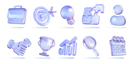 A collection of glossy 3D icons depicting various businessrelated symbols including a briefcase, target, light bulb, puzzle, and handshake in a blue hue.のイラスト素材