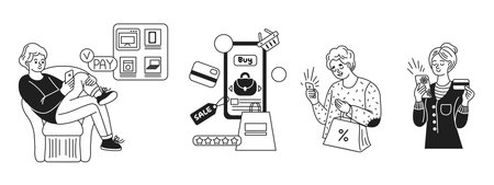 Black and white illustration showing people using smartphones for shopping. Includes a cozy seated shopper and others with bags and credit cards. Represents online purchasing.のイラスト素材