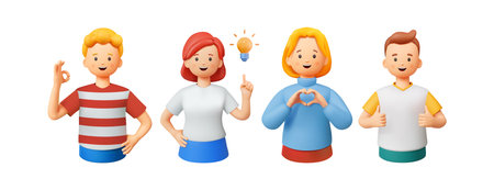Four cartoon characters display various hand gestures and expressions against a white background. The diverse poses suggest positive communication.のイラスト素材