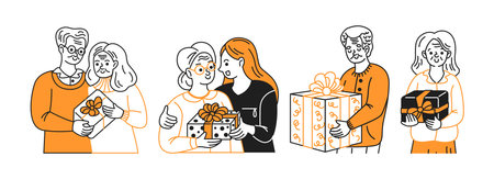 Illustration of family exchanging gifts, with smiling faces and warm interactions. Simple outline...
