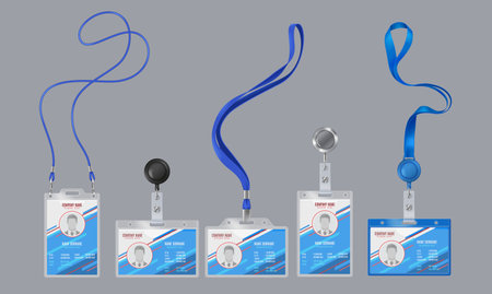 Set of five identification badges with blue lanyards and retractable clips on a grey background. Each badge displays a profile image and company info for events.のイラスト素材