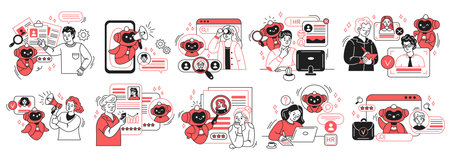Vibrant illustrations featuring cartoon characters interacting with people in HR settings. Elements...