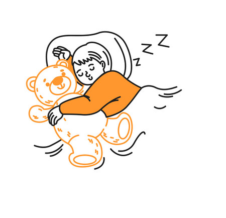 Cute illustration of a child peacefully sleeping with a teddy bear. The child is wearing a cozy orange shirt, snuggling a plush toy, showing warmth and comfort.のイラスト素材