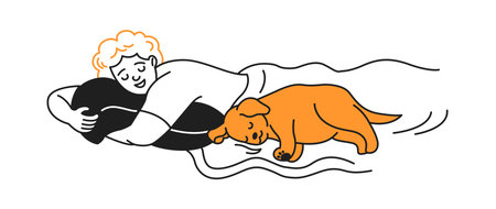 Illustration of a person cuddling with a sleeping puppy under a blanket. Both appear content and relaxed, highlighting comfort and companionship.のイラスト素材