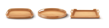 Image features three wooden trays with handles. The designs vary, including rectangular, circular, and square shapes, each showcasing natural wood texture.のイラスト素材