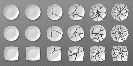 Collection of plates in different stages of cracking. White plates with varying degrees of fractures displayed on a transparent background. Useful for design projects and visual effects.のイラスト素材