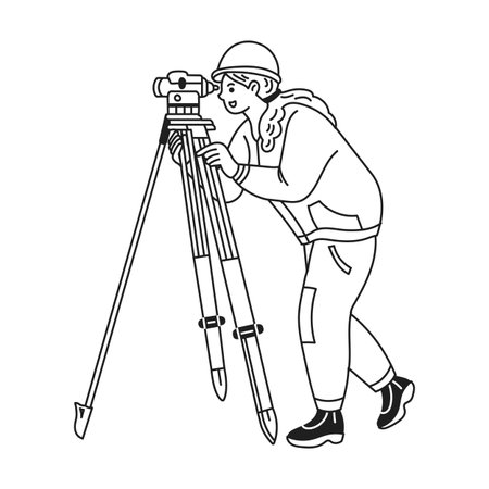 Line art illustration of a surveyor using equipment with a focused expression. Engaged in measurement tasks in an outdoor setting. Minimalist style. Black and white.のイラスト素材