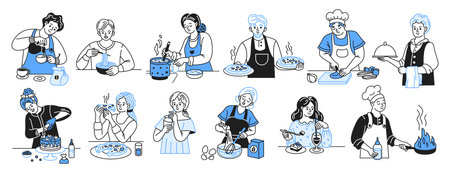 Cartoon illustration of diverse people cooking and baking with joy. Characters preparing meals in a kitchen setting. Vibrant blue accents highlight culinary activities.のイラスト素材