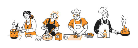 Cheerful chefs cooking with various utensils in a kitchen setting. Each person is engaged in a different task, highlighting teamwork and creativity. Black and orange outlines.のイラスト素材