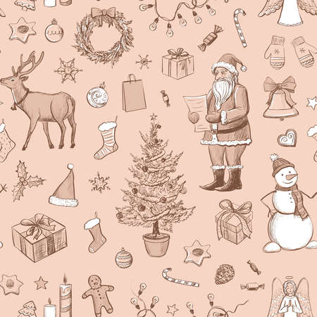 A set of sketches on the theme of Christmas on pink background.のイラスト素材
