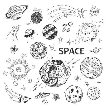 Space, planets, spaceships, an asteroid, a rocket and other space objects. Vector collection of hand drawings on a white backgroundのイラスト素材