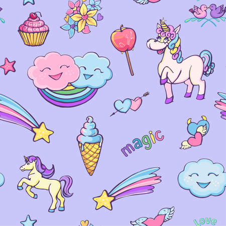 Seamless pattern on a violet background of unicorns, magic, rainbow, ice cream. Bright, funny graphics in a cartoon cute styleのイラスト素材