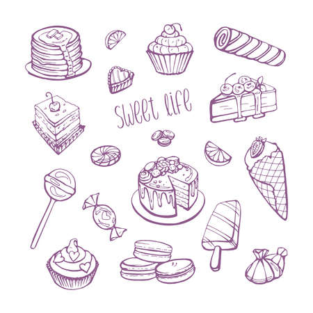 Vector collection of sketches is a sweet life. Pancakes, cakes, macaroons, sweets and other desserts on a white backgroundのイラスト素材