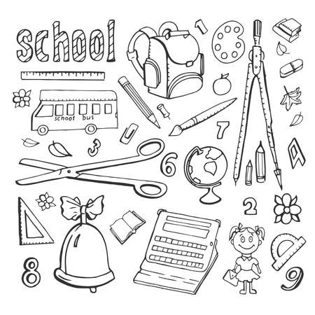 Collection of doodles drawings school. Hand drawings on a white background. School bus, school satchel, stationery.のイラスト素材