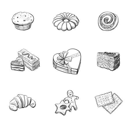 Collection of drawings on the theme cakes. Cakes, pies, bread, biscuits and other confectionery products. Hand-drawnのイラスト素材