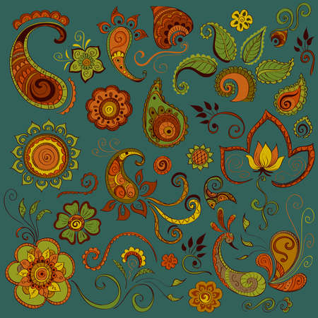 Isolated elements of traditional Indian ornamentation. Brightly colored patterns for the decoration of your designのイラスト素材