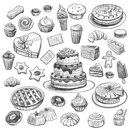 Collection of drawings on the theme cakes. Cakes, pies, bread, biscuits and other confectionery products. Hand-drawnのイラスト素材