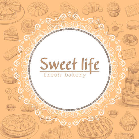Round frame for the inscriptions on the background with pastries and confectionery. Cover for a menu, signboard or poster bakery.のイラスト素材