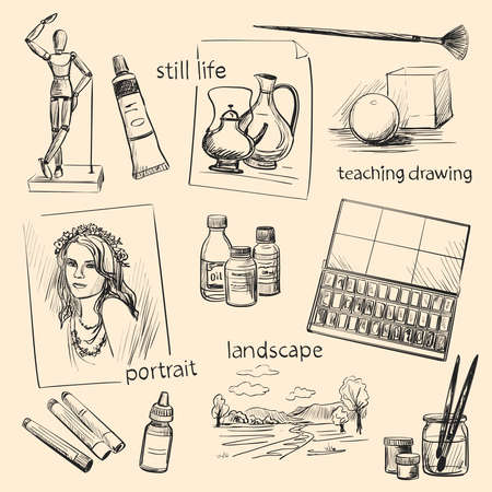 A set of drawings on the theme of visual arts education. Art materials, instruments and genresのイラスト素材