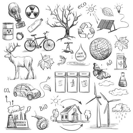 Ecology and recycle doodle icons set, excellent vector illustration. Hand-drawnのイラスト素材
