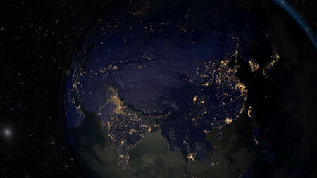 Asian part of the world. 3D earth render with city lights. Night areas illuminated by the moon.の写真素材