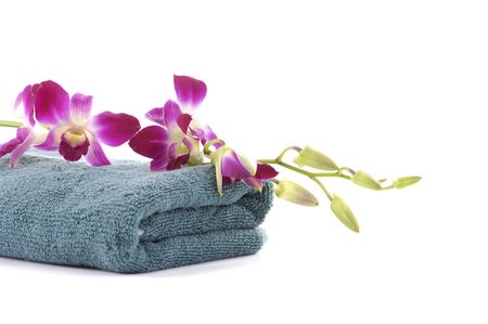 Spa towel and pink orchidの写真素材