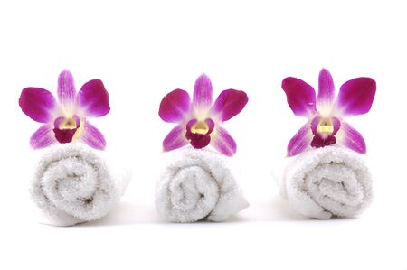 Row of orchid on rolled up towelの写真素材