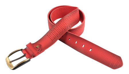 Leather belt in front of a white backgroundの写真素材