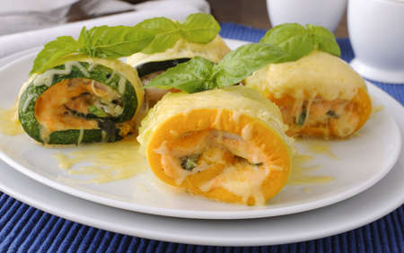Zucchini rolls stuffed with spinach and cheeseの写真素材