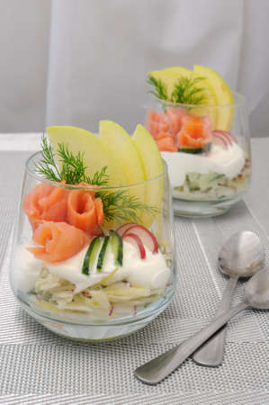 Verrin with apple, cucumber and radish for yogurt and smoked salmonの写真素材