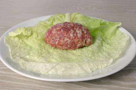 On a sheet of savoy cabbage  portion raw ground beef