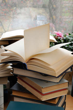 Stack of books with an open book on top of a close-up