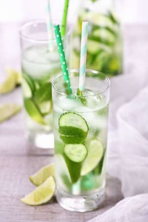Refreshing  infused  water with cucumber, mint and lime . Summer beverage cocktail lemonade. Healthy...