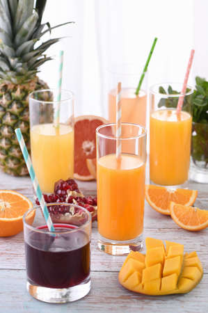 Freshly prepared citrus juices from orange, grapefruit, pomegranate, pineapple, mango.の写真素材